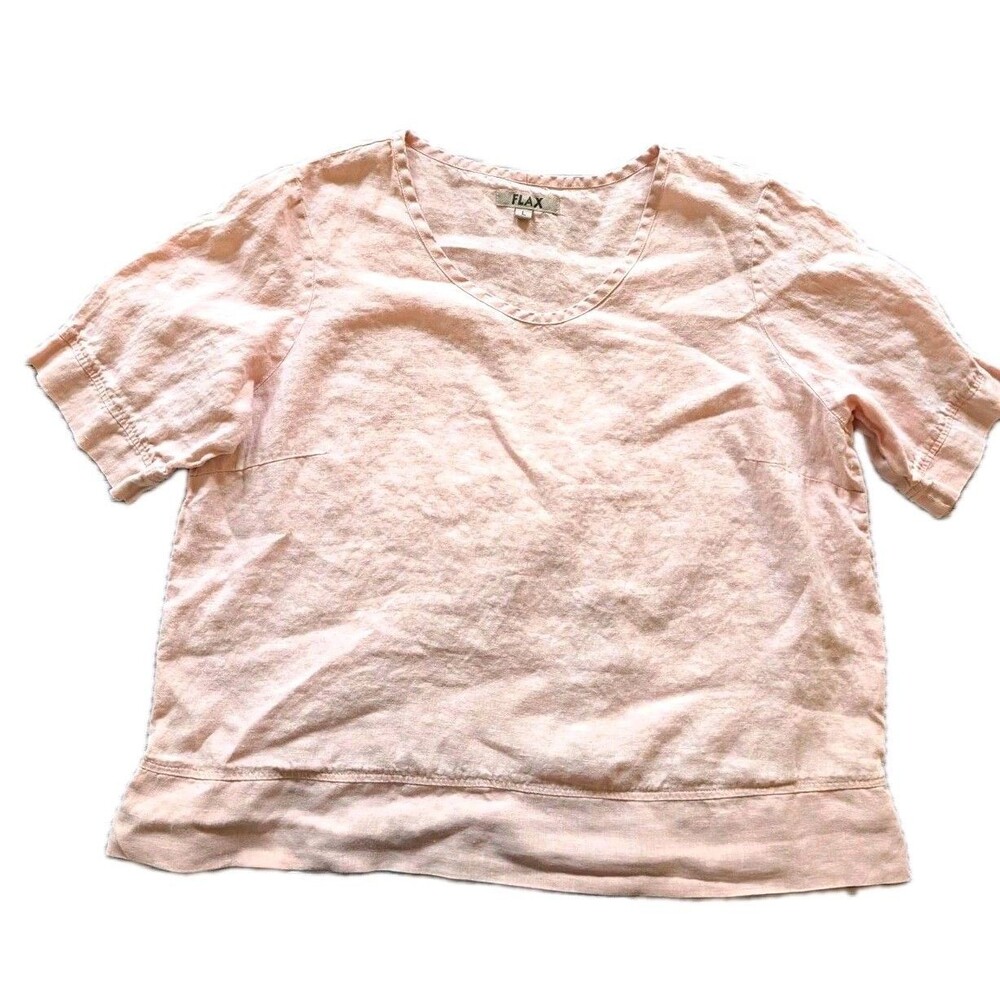 FLAX Linen Scoop Neck Short Sleeve Blouse Pink sz L
